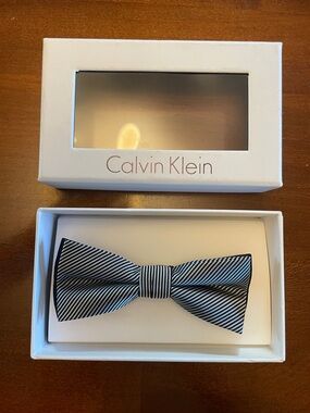 Calvin Klein Black and Grey Diagonal Stripe Bow Tie